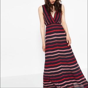 Zara Navy and Red Metallic Striped Maxi Dress Med